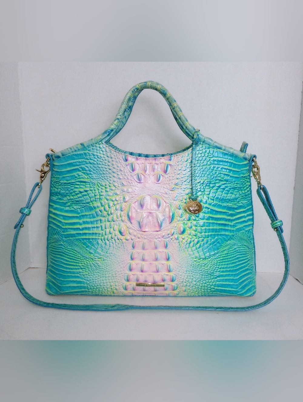 Brahmin Cotton Candy Elaine Croc Embossed Leather Crossbody Satchel Tote - Picture 2 of 15